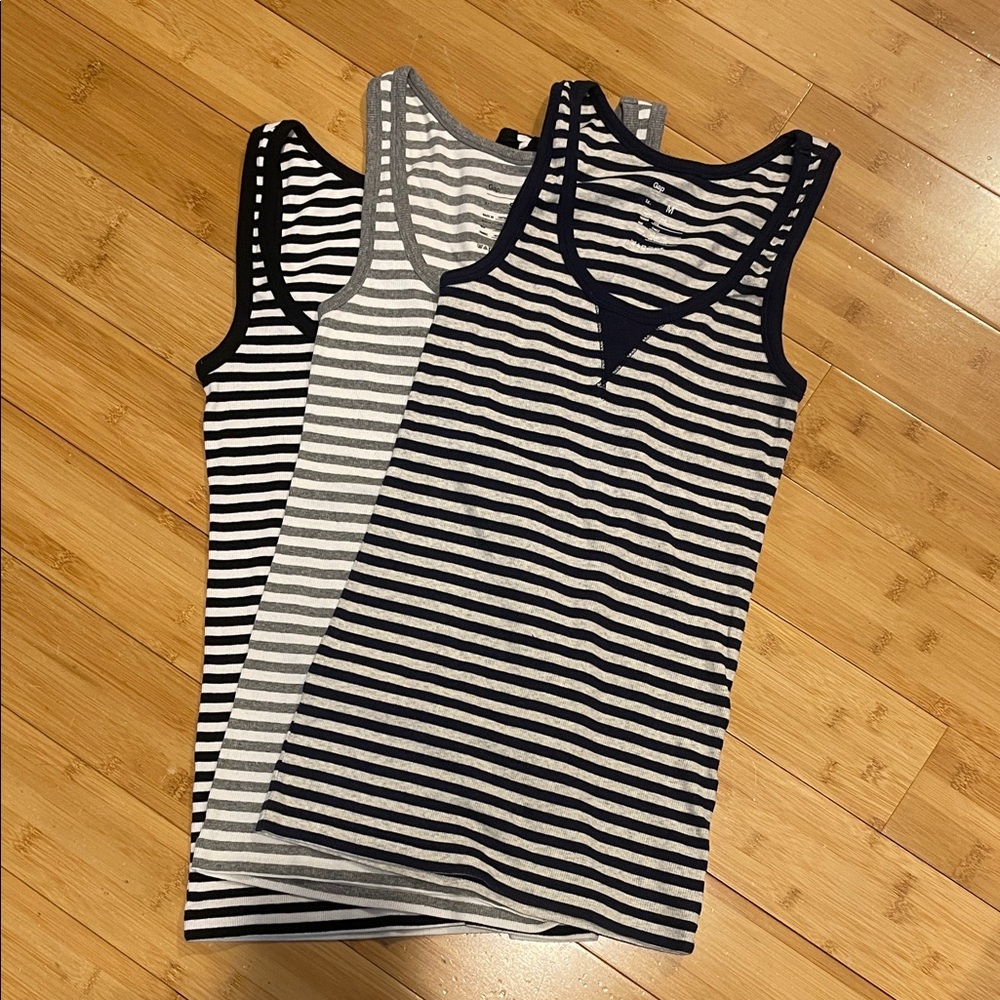GAP Black, Gray, Navy Blue and White Striped Tank Tops